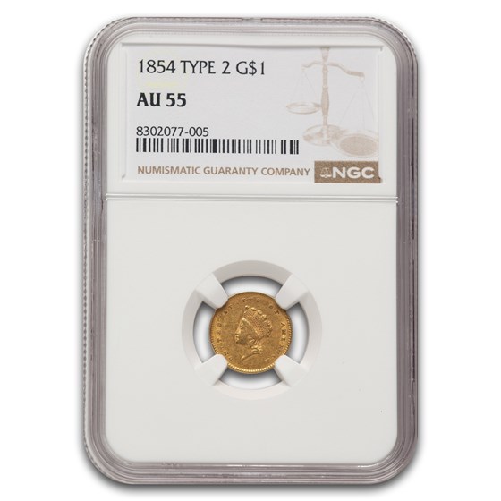 1854 $1 Indian Head Gold Type 2 AU-55 NGC