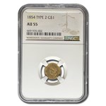 1854 $1 Indian Head Gold Type 2 AU-55 NGC