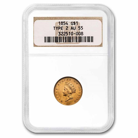 1854 $1 Indian Head Gold Type 2 AU-55 NGC