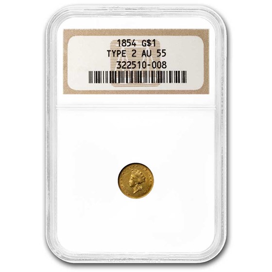 1854 $1 Indian Head Gold Type-2 AU-55 NGC 1854 $1 Indian Head Gold Type-2 AU-55 NGC