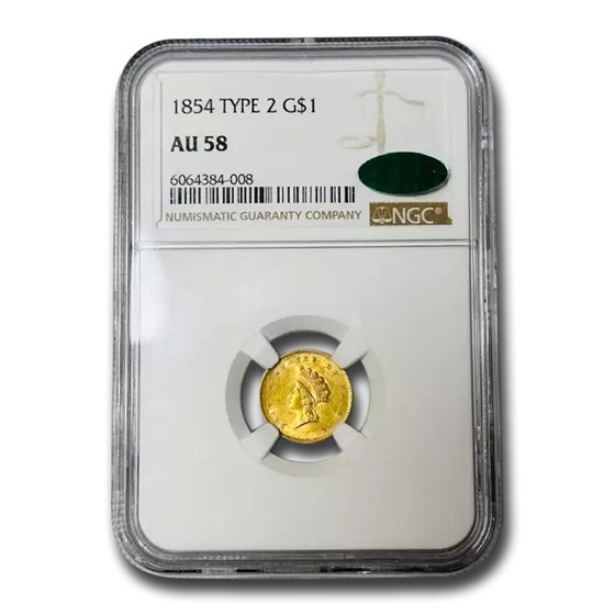 1854 $1 Indian Head Gold Type 2 AU-58 NGC CAC 1854 $1 Indian Head Gold Type 2 AU-58 NGC CAC