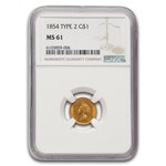 1854 $1 Indian Head Gold Type 2 MS-61 NGC