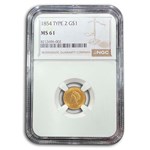 1854 $1 Indian Head Gold Type 2 MS-61 NGC