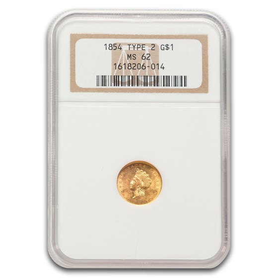 1854 $1 Indian Head Gold Type 2 MS-62 NGC