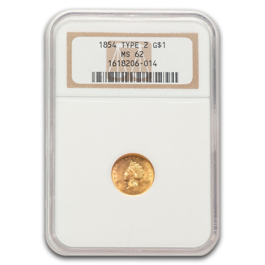 1854 $1 Indian Head Gold Type 2 MS-62 NGC