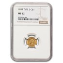 1854 $1 Indian Head Gold Type 2 MS-62 NGC