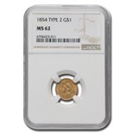 1854 $1 Indian Head Gold Type 2 MS-62 NGC