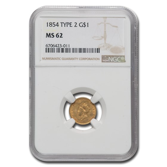 1854 $1 Indian Head Gold Type 2 MS-62 NGC 1854 $1 Indian Head Gold Type 2 MS-62 NGC