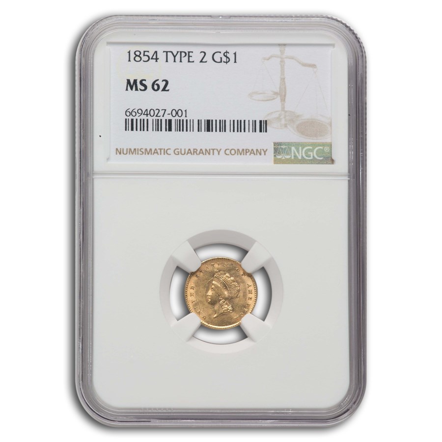 1854 $1 Indian Head Gold Type 2 MS-62 NGC