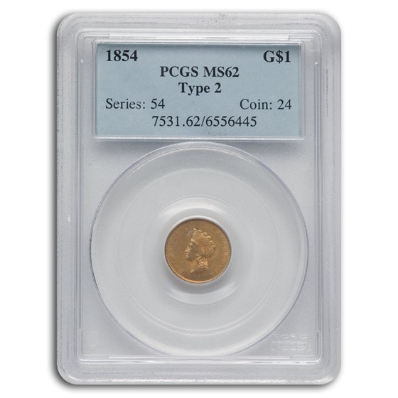 1854 $1 Indian Head Gold Type 2 MS-62 PCGS