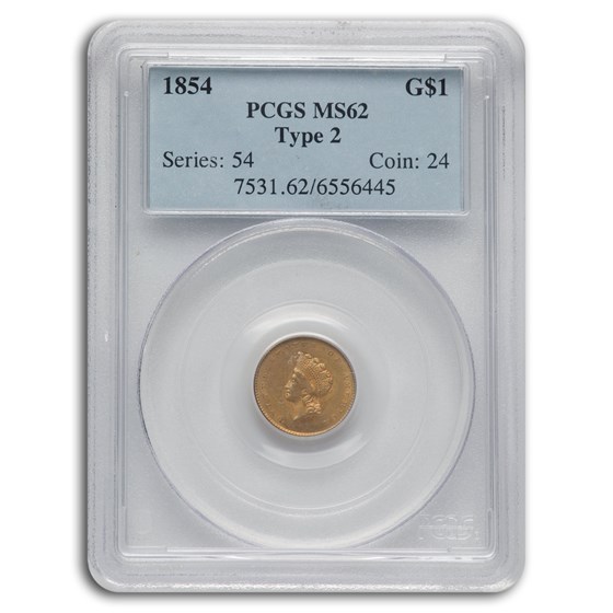 1854 $1 Indian Head Gold Type 2 MS-62 PCGS 1854 $1 Indian Head Gold Type 2 MS-62 PCGS