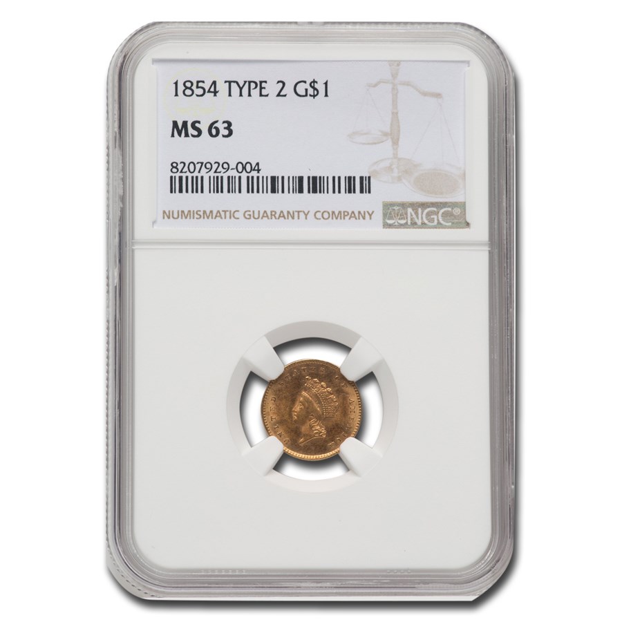 1854 $1 Indian Head Gold Type 2 MS-63 NGC