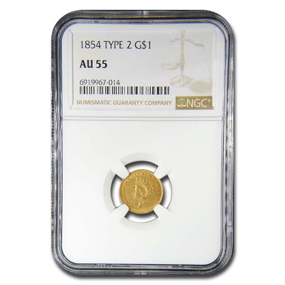 1854 $1 Indian Head Gold Type-II AU-55 NGC 1854 $1 Indian Head Gold Type-II AU-55 NGC
