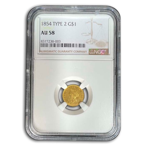 1854 $1 Indian Head Gold Type-II AU-58 NGC 1854 $1 Indian Head Gold Type-II AU-58 NGC