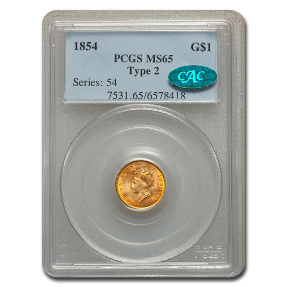 1854 $1 Indian Head Gold Type-II MS-65 PCGS CAC 1854 $1 Indian Head Gold Type-II MS-65 PCGS CAC
