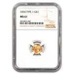1854 $1 Liberty Head Gold Type 1 MS-61 NGC