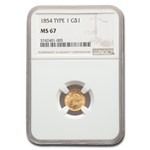 1854 $1 Liberty Head Gold Type 1 MS-67 NGC