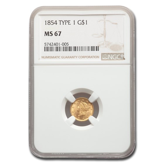 1854 $1 Liberty Head Gold Type 1 MS-67 NGC