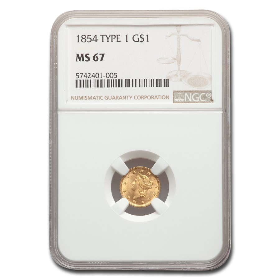 1854 $1 Liberty Head Gold Type 1 MS-67 NGC