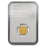 1854 $2.50 Liberty Gold Quarter Eagle MS-61 NGC