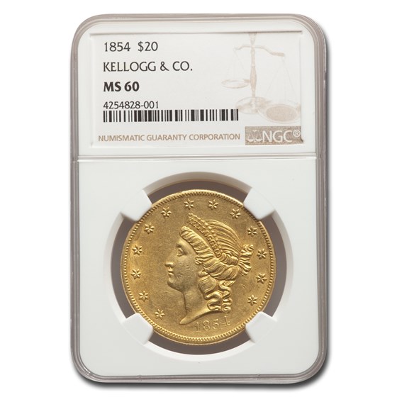 1854 $20 Kellogg & Co. Gold Double Eagle MS-60 NGC 1854 $20 Kellogg & Co. Gold Double Eagle MS-60 NGC