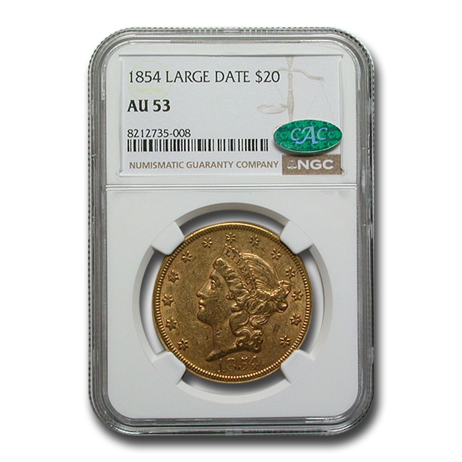 1854 $20 Liberty Gold Double Eagle AU-53 NGC CAC