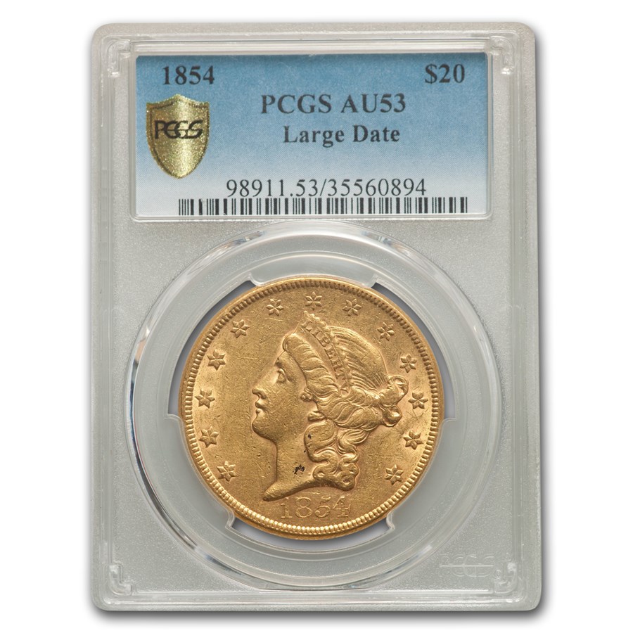 1854 $20 Liberty Gold Double Eagle AU-53 PCGS (Lg Date)
