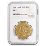 1854 $20 Liberty Gold Double Eagle AU-55 NGC (Large Date)