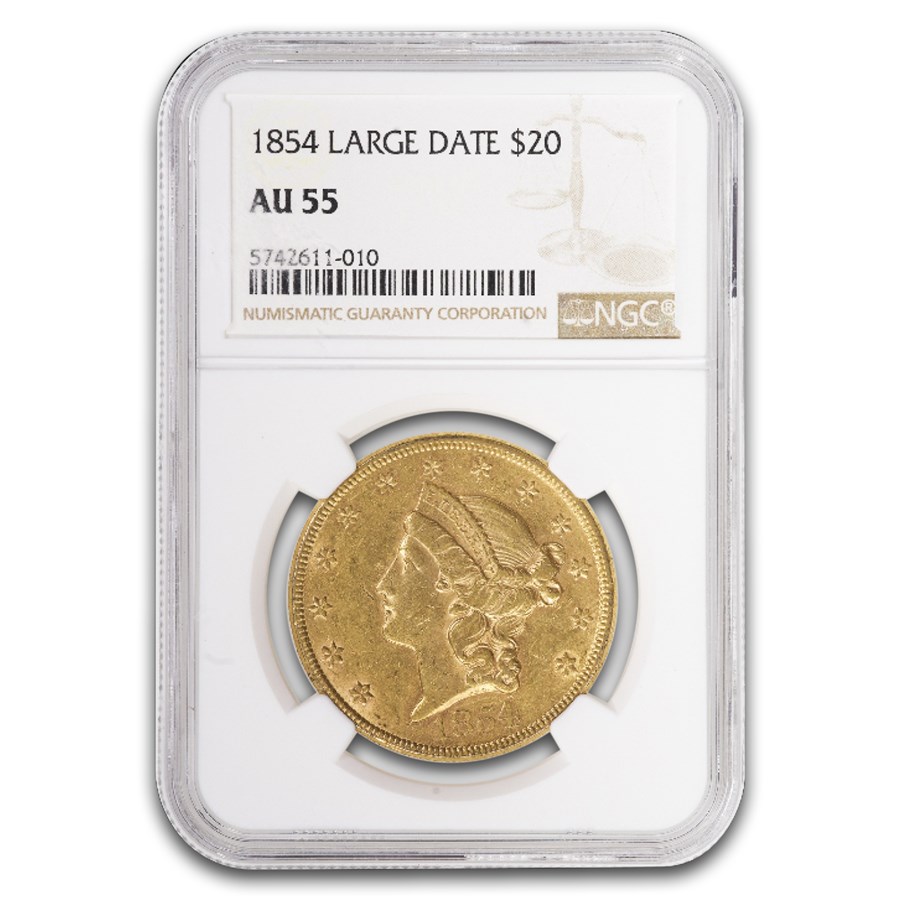 1854 $20 Liberty Gold Double Eagle AU-55 NGC (Large Date)