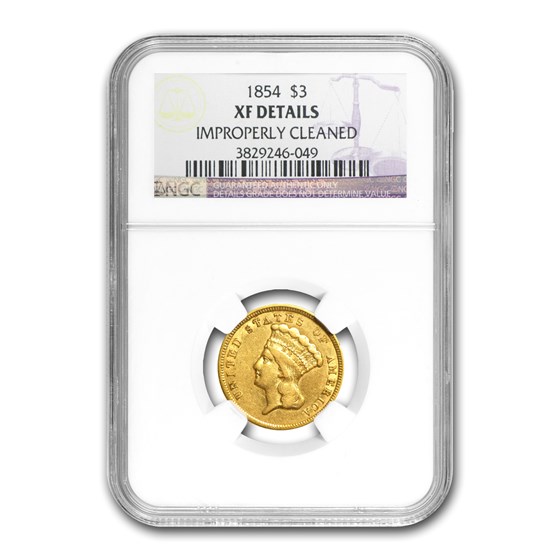 1854 $3 Gold Princess XF Details NGC (Improperly Cleaned) 1854 $3 Gold Princess XF Details NGC (Improperly Cleaned)