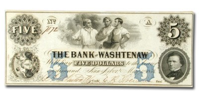 1854 Bank of Washtenaw, MI $5 MI-50, AU 1854 Bank of Washtenaw, MI $5 MI-50, AU