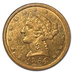 1854-C $5 Liberty Gold Half Eagle AU-58 NGC