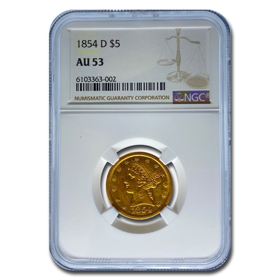 1854-D $5 Liberty Gold Half Eagle AU-53 NGC 1854-D $5 Liberty Gold Half Eagle AU-53 NGC