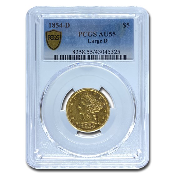 1854-D $5 Liberty Gold Half Eagle AU-55 PCGS (Large D) 1854-D $5 Liberty Gold Half Eagle AU-55 PCGS (Large D)