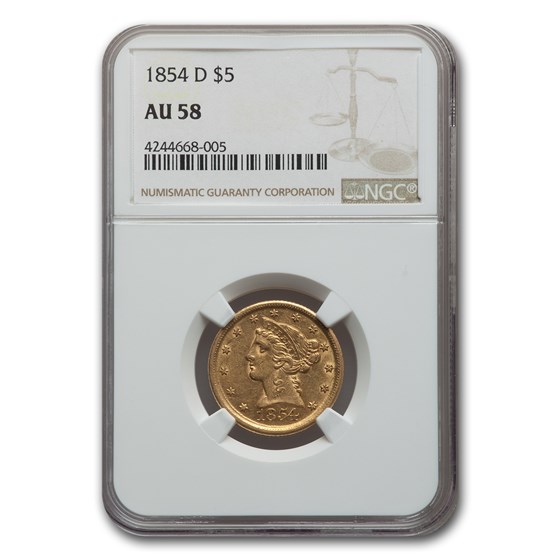 1854-D $5 Liberty Gold Half Eagle AU-58 NGC 1854-D $5 Liberty Gold Half Eagle AU-58 NGC