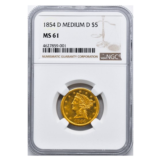 1854-D $5 Liberty Gold Half Eagle MS-61 NGC (Medium D) 1854-D $5 Liberty Gold Half Eagle MS-61 NGC (Medium D)