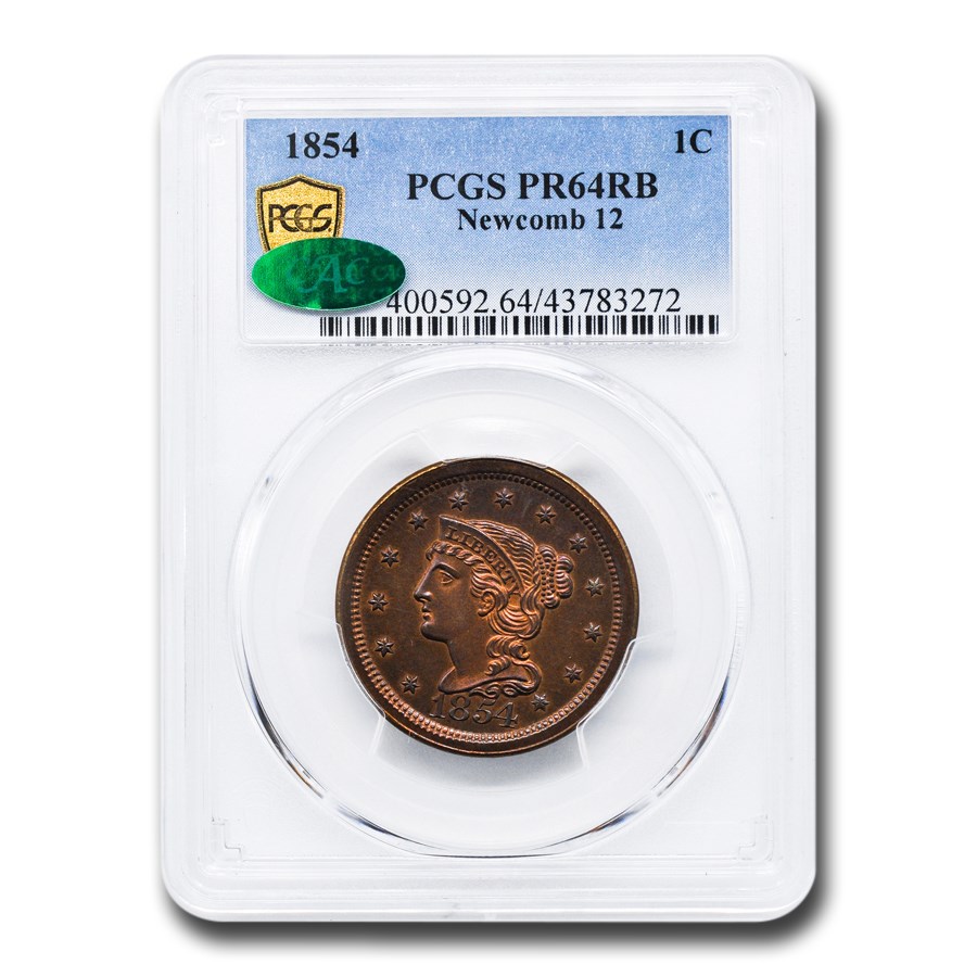 1854 Large Cent PR-64 PCGS CAC (Red/Brown, Newcomb 12)