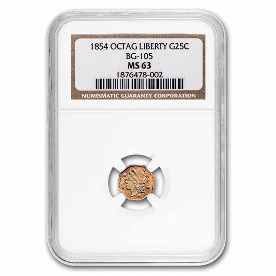 1854 Liberty Octagonal 25 Cent Gold MS-63 NGC (BG-105)