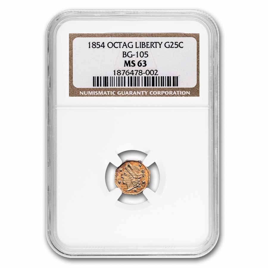 1854 Liberty Octagonal 25 Cent Gold MS-63 NGC (BG-105)
