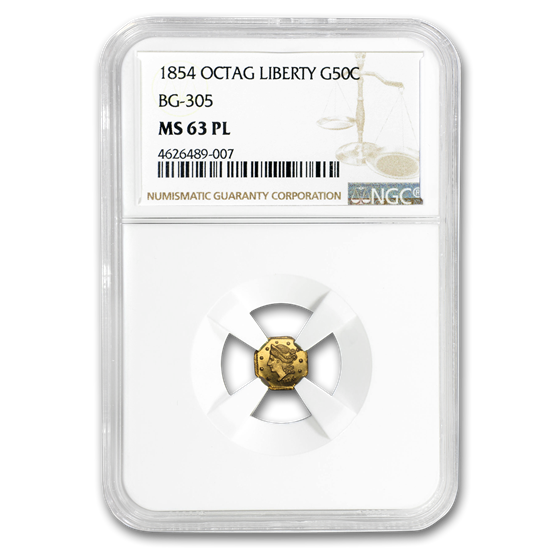1854 Liberty Octagonal 50¢ Gold NGC MS-63 PL (BG-305) 1854 Liberty Octagonal 50¢ Gold NGC MS-63 PL (BG-305)