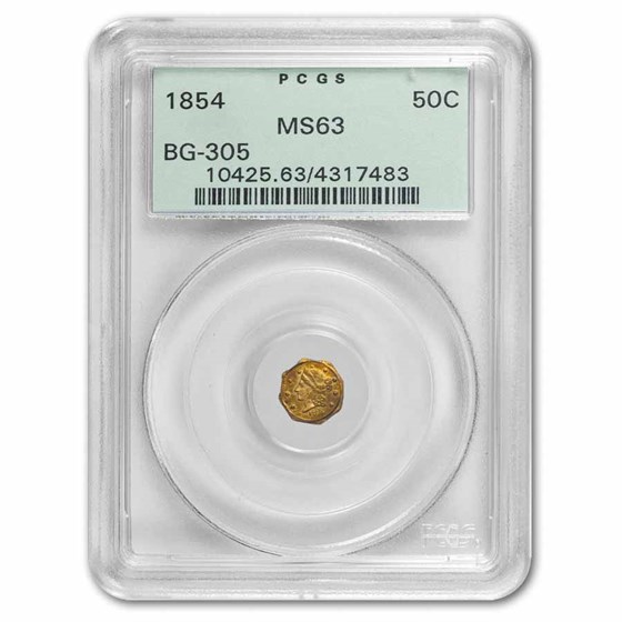 1854 Liberty Octagonal 50¢ Gold PCGS MS-63 (BG-305)