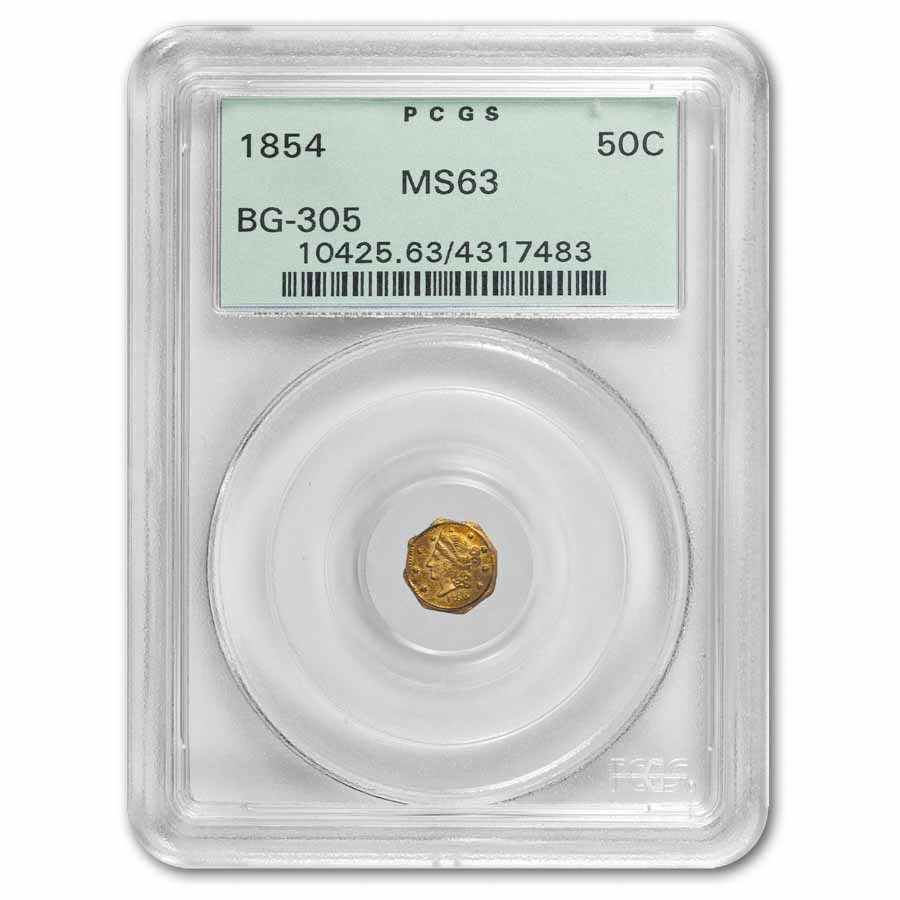 1854 Liberty Octagonal 50¢ Gold PCGS MS-63 (BG-305)