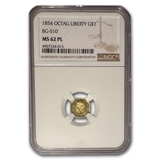1854 Liberty Octagonal One Dollar Gold MS-62 NGC (PL, BG-510) 1854 Liberty Octagonal One Dollar Gold MS-62 NGC (PL, BG-510)