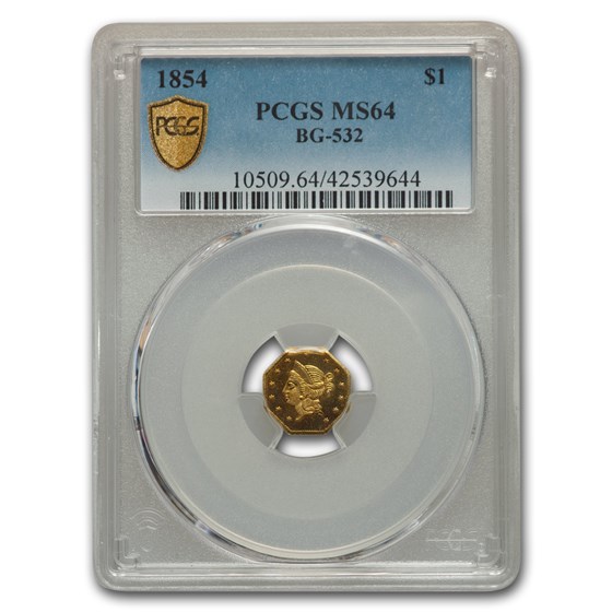 1854 Liberty Octagonal One Dollar Gold MS-64 PCGS (BG-532) 1854 Liberty Octagonal One Dollar Gold MS-64 PCGS (BG-532)