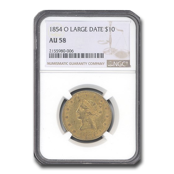 1854-O $10 Liberty Gold Eagle AU-58 NGC (Large Date) 1854-O $10 Liberty Gold Eagle AU-58 NGC (Large Date)