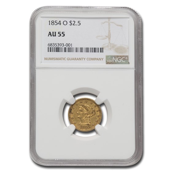 1854-O $2.50 Liberty Gold Quarter Eagle AU-55 NGC 1854-O $2.50 Liberty Gold Quarter Eagle AU-55 NGC