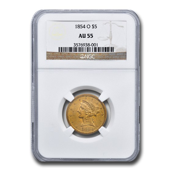 1854-O $5 Liberty Gold Half Eagle AU-55 NGC 1854-O $5 Liberty Gold Half Eagle AU-55 NGC