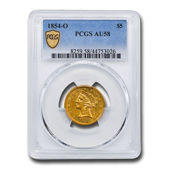 1854-O $5 Liberty Gold Half Eagle AU-58 PCGS