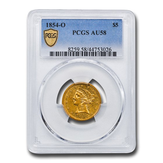 1854-O $5 Liberty Gold Half Eagle AU-58 PCGS 1854-O $5 Liberty Gold Half Eagle AU-58 PCGS