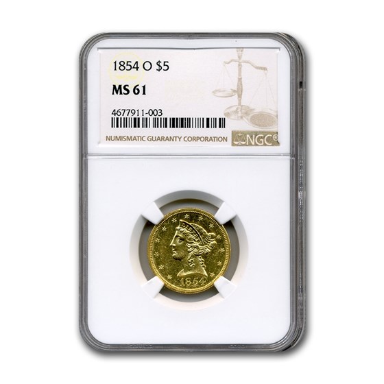 1854-O $5 Liberty Gold Half Eagle MS-61 NGC 1854-O $5 Liberty Gold Half Eagle MS-61 NGC